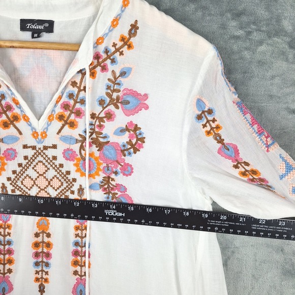 Womens Dress Medium White Boho Peasant Retro Embroidered Floral Tassels Festival - Picture 5 of 9